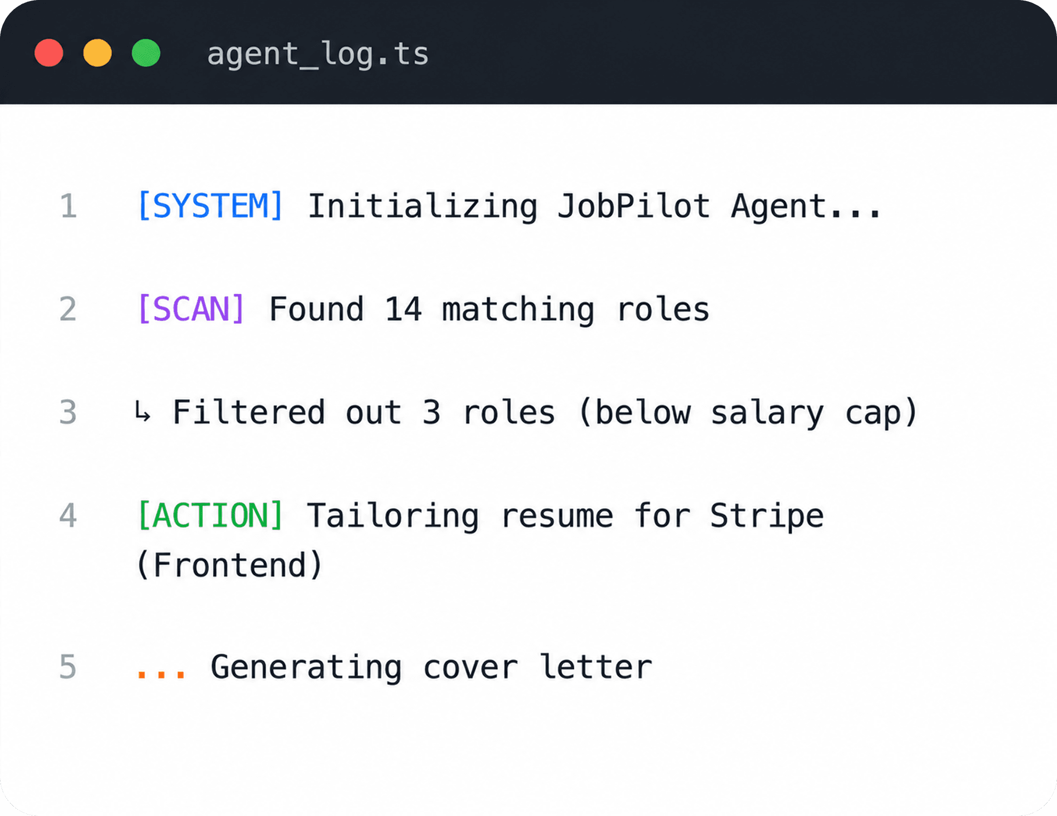 Agent log showing Jobbiton scanning, filtering, and preparing applications